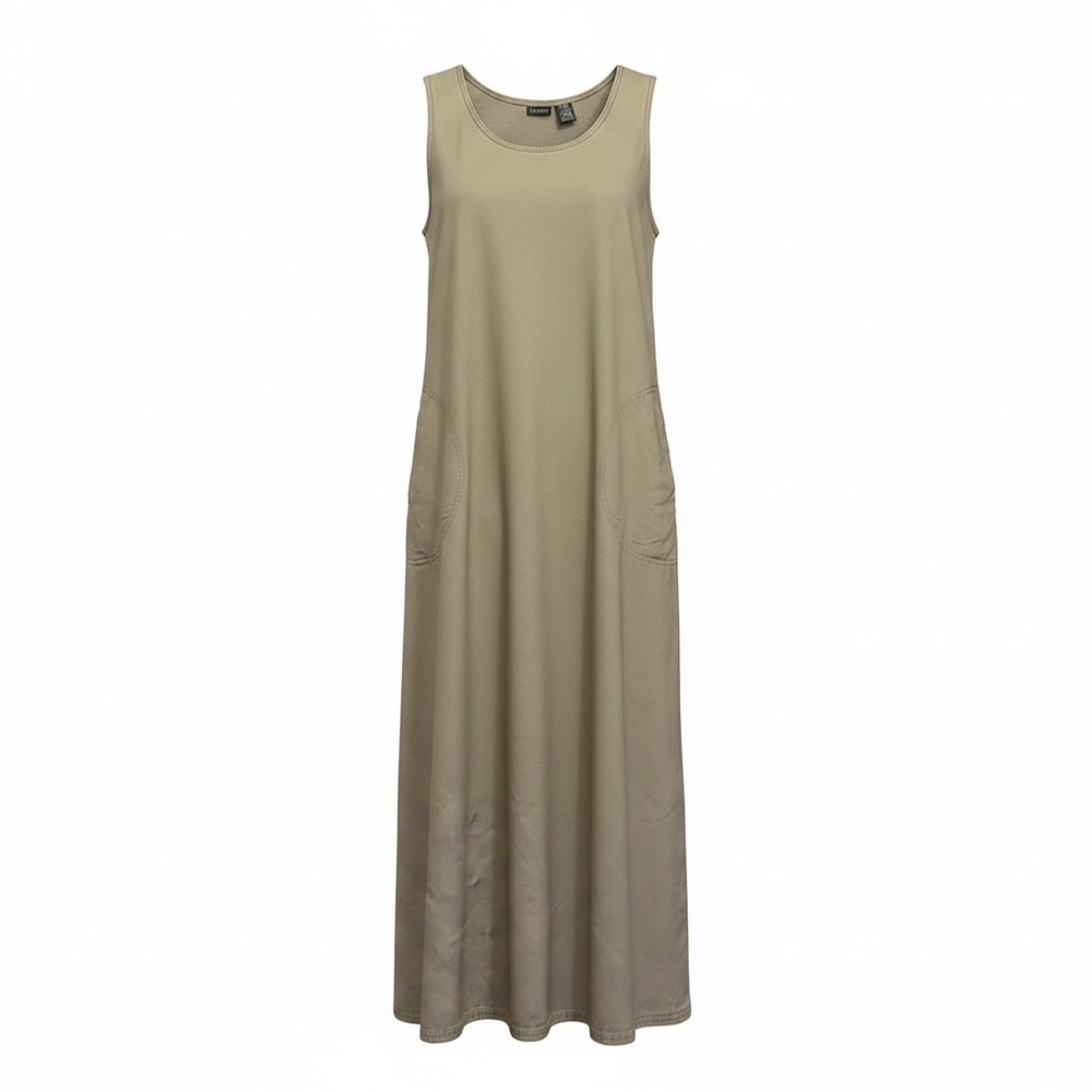 L.L. Bean Dress Vintage 10 Khaki Maxi Shift Cotton Sleeveless Pockets